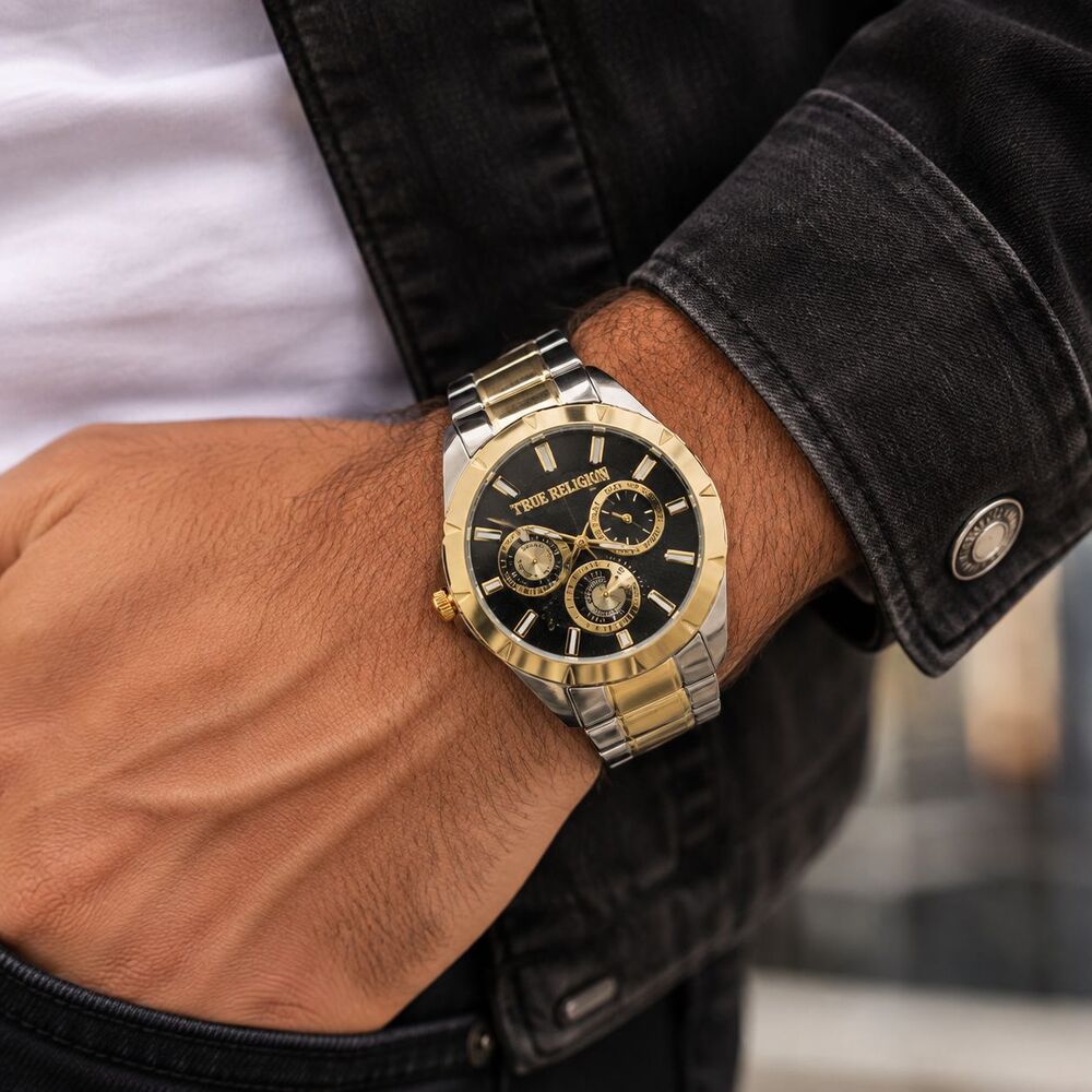 True Religion Watch Two Tone Stainless Black Dial Mens Analog Multi Dial Boxed
